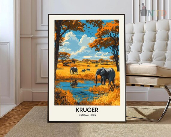 Kruger National Park Elephants Drinking at the Waterhole Poster