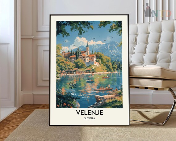 Velenje Slovenia Lakeside Old Town Boats Summer Travel Poster