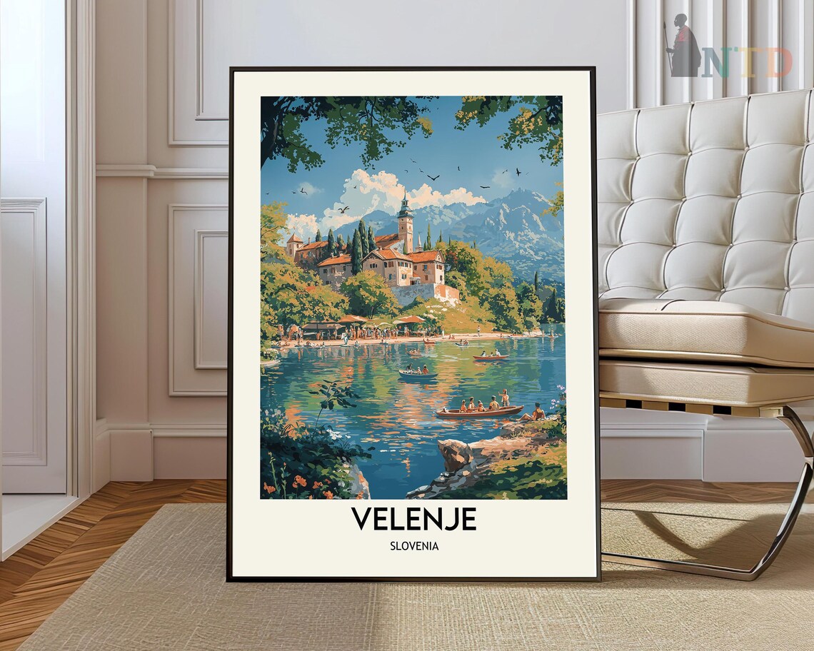 Velenje Slovenia Lakeside Old Town Boats Summer Travel Poster