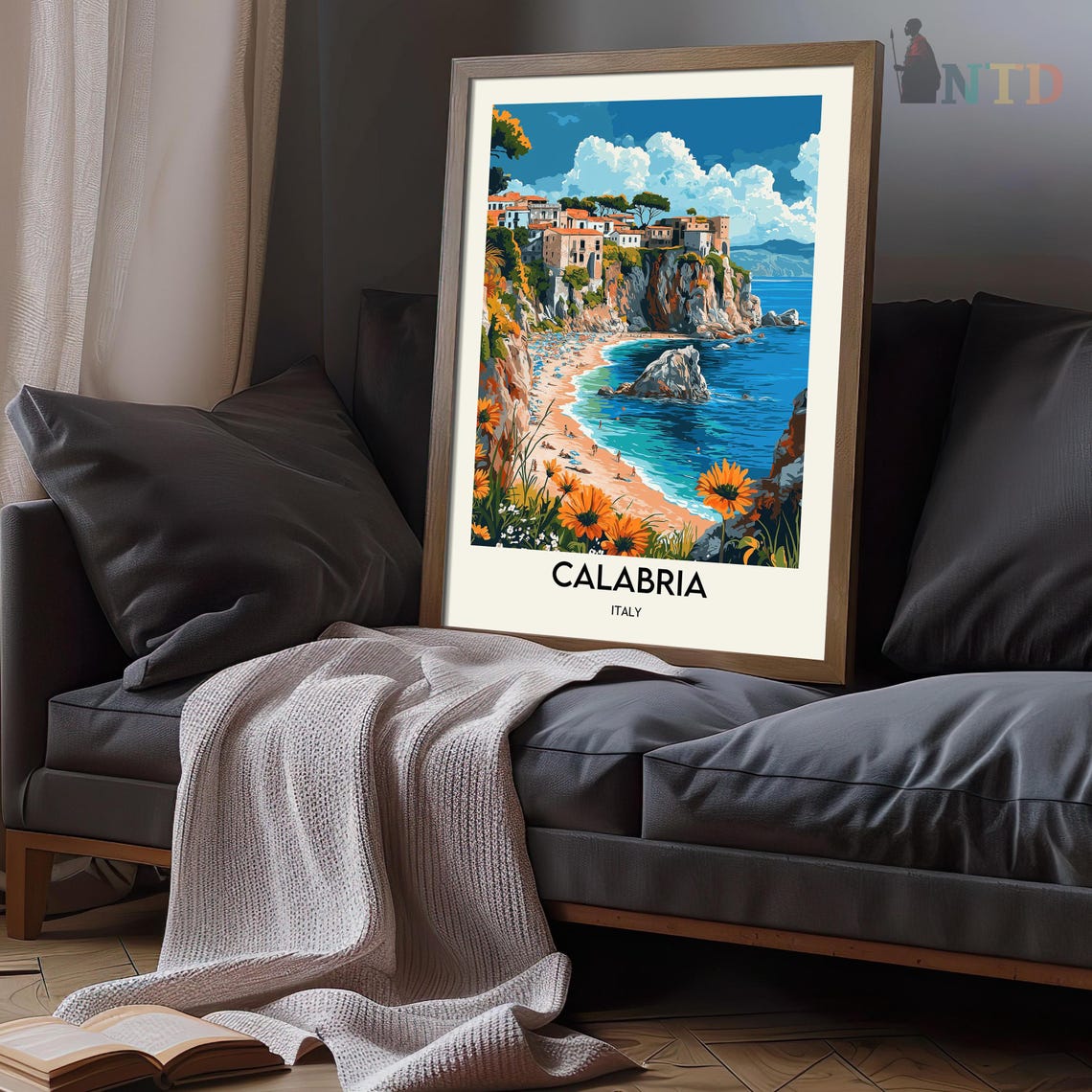 Calabria Italy Cliffside Town Beach Cove Sunflowers Travel Poster - Image 2