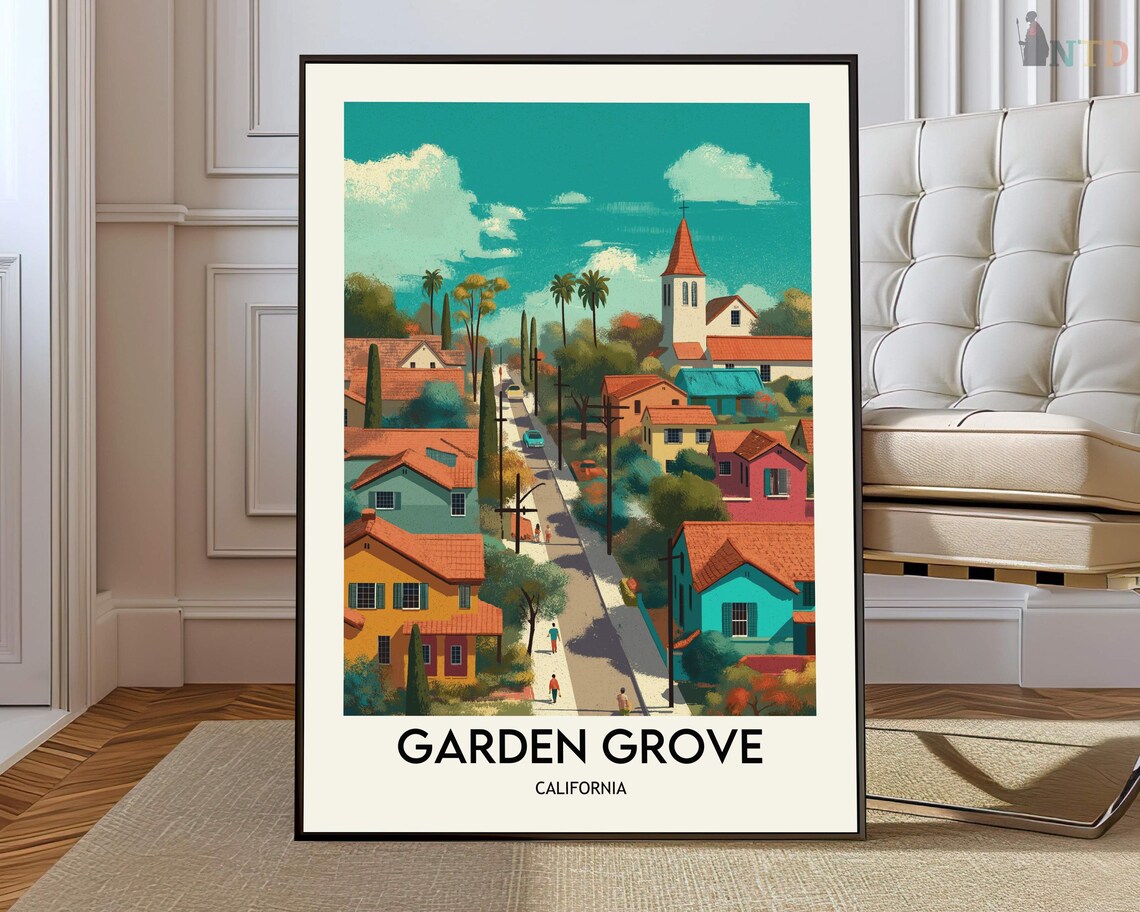Garden Grove California Church Street Retro Illustration Travel Poster