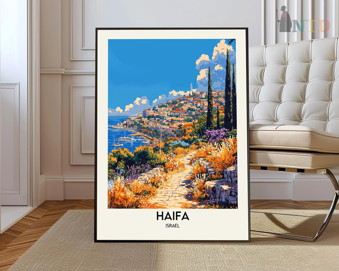 Haifa Israel Hillside Pathway Travel Poster Scenic Coast Overlook