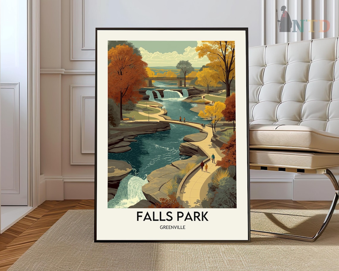 Falls Park Greenville Autumn Waterfall Scenic Travel Art Poster
