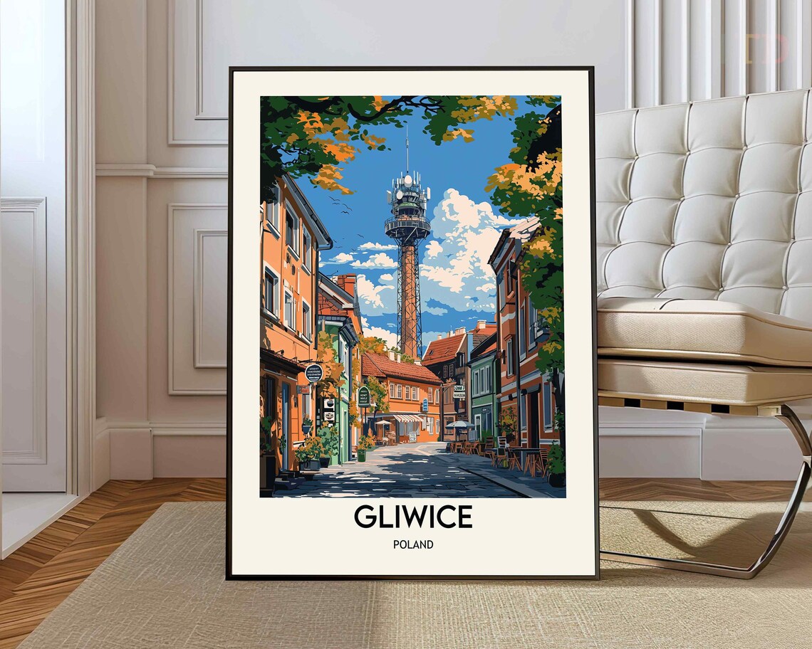 Gliwice Poland Radio Tower Old Town Street Vintage Style Travel Poster