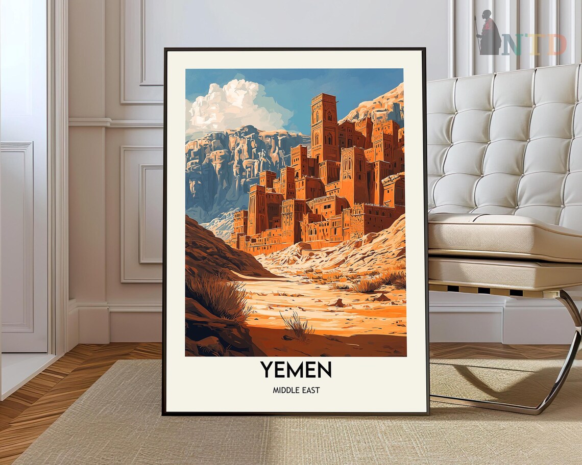 Yemen Middle East Ancient Desert Tower City Vintage Travel Poster