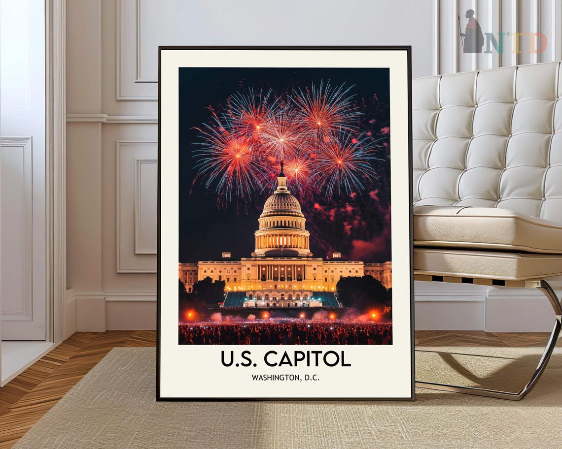 U.S. Capitol Fireworks Celebration Night Washington D.C. Travel Poster
