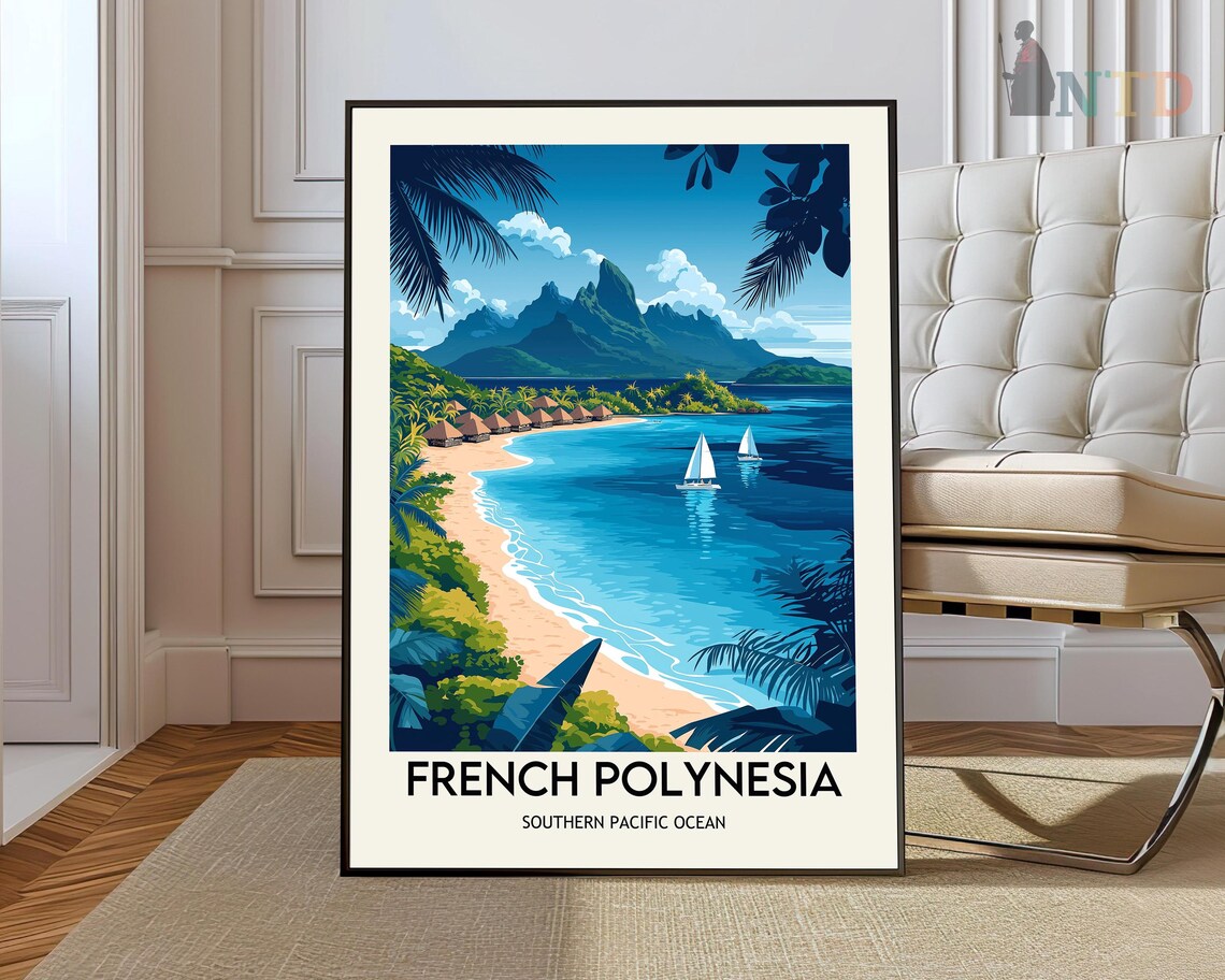 French Polynesia Sunny Beach Sailboats Mountain Bay Travel Poster