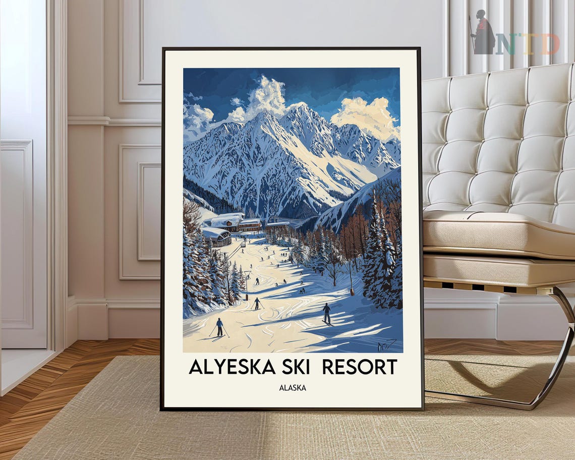 Alyeska Ski Resort Alaska Travel Poster With Snowy Slopes And Skiers