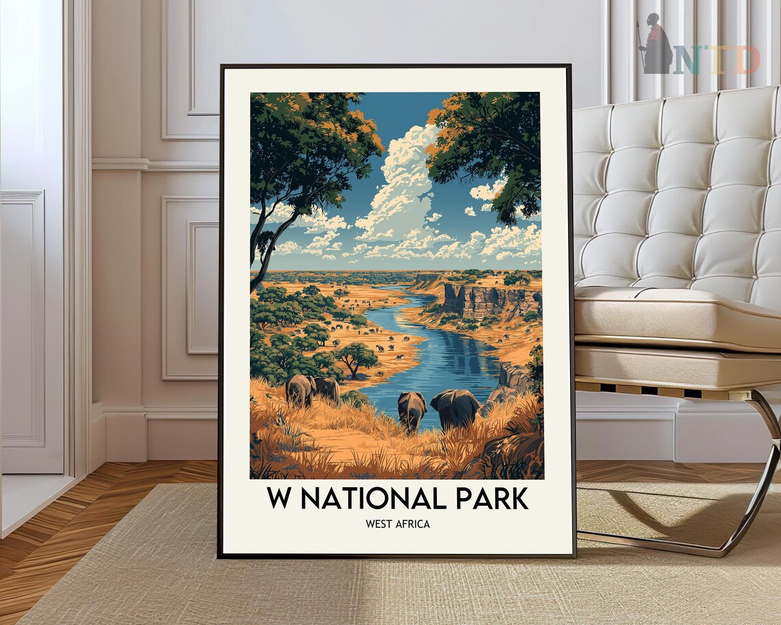 W National Park West Africa Elephants River Savannah Illustration Poster