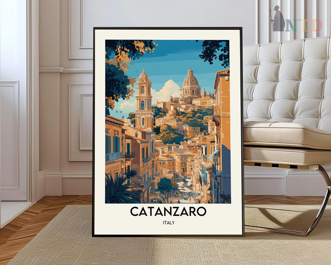 Catanzaro Italy Travel Poster Old Town Twin Domes Hilltop View