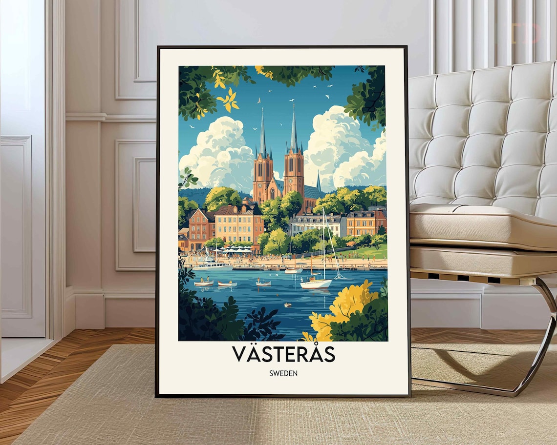 Vasteras Sweden Cathedral Lake Boats Sunny Old Town Travel Poster