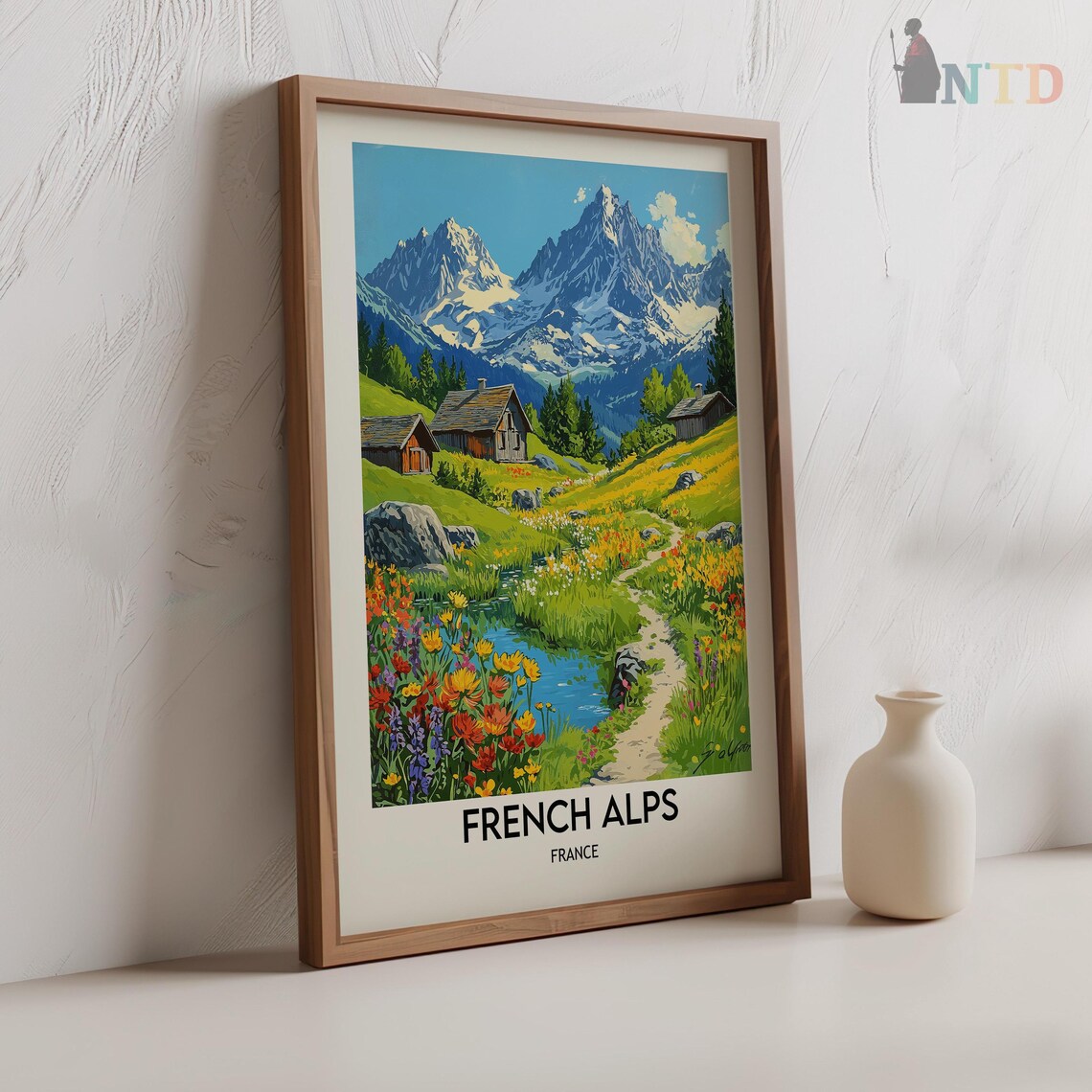 French Alps Snowy Peak Wildflower Meadow Vintage Travel Poster - Image 2