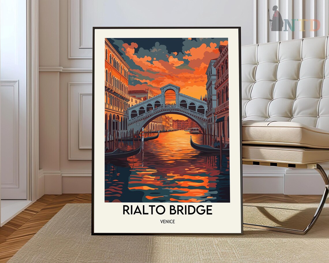 Rialto Bridge Venice Italy Sunset Gondola Travel Illustration Poster