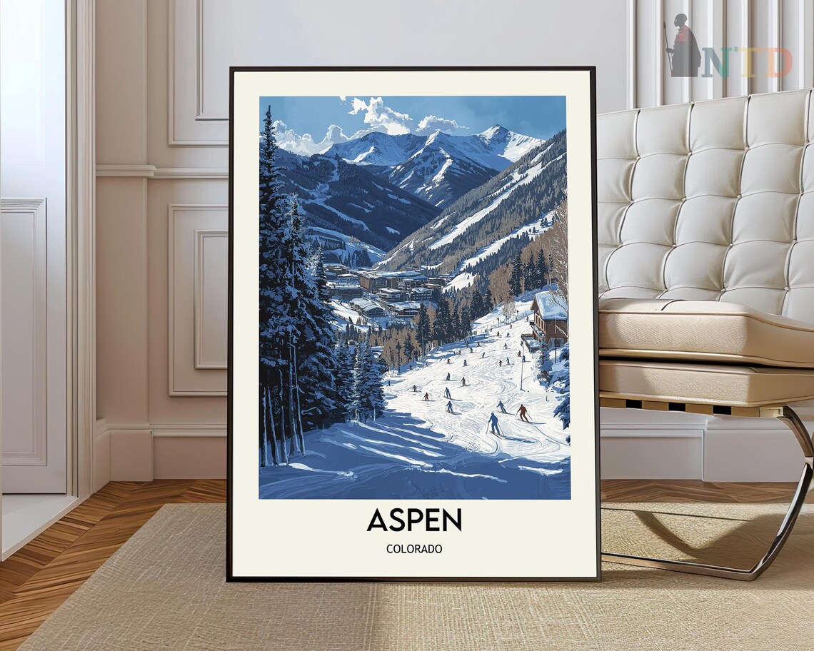 Blue Bird Day on the Slopes Aspen Colorado Winter Travel Poster