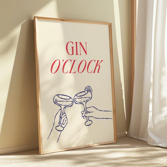 Gin Oclock Cocktail Glass Illustration Bar Decor Lover Gift Fun Drink Quote Kitchen Poster Booze Wall Art