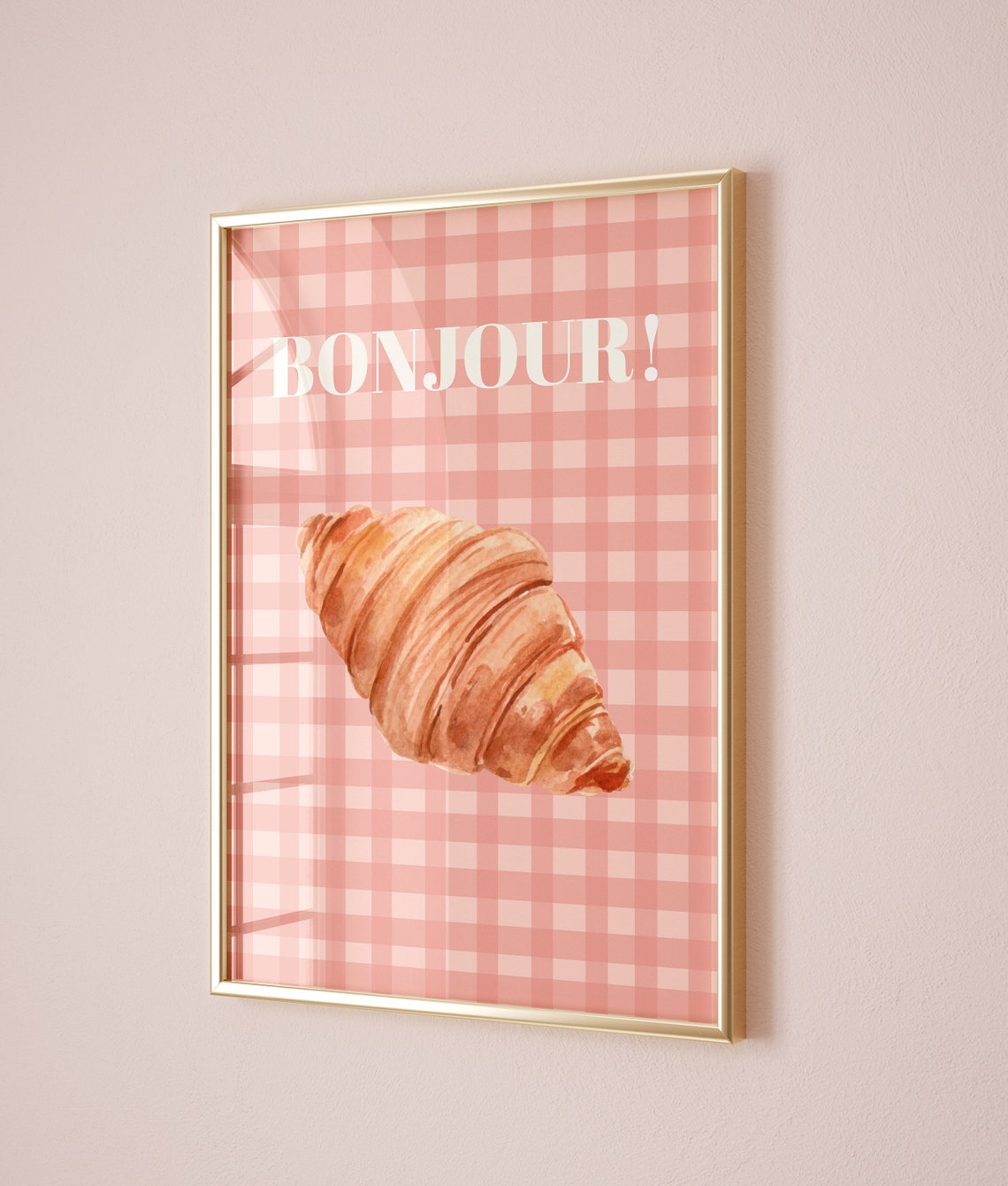 Bonjour Croissant Watercolor Pink Gingham French Kitchen Wall Art
