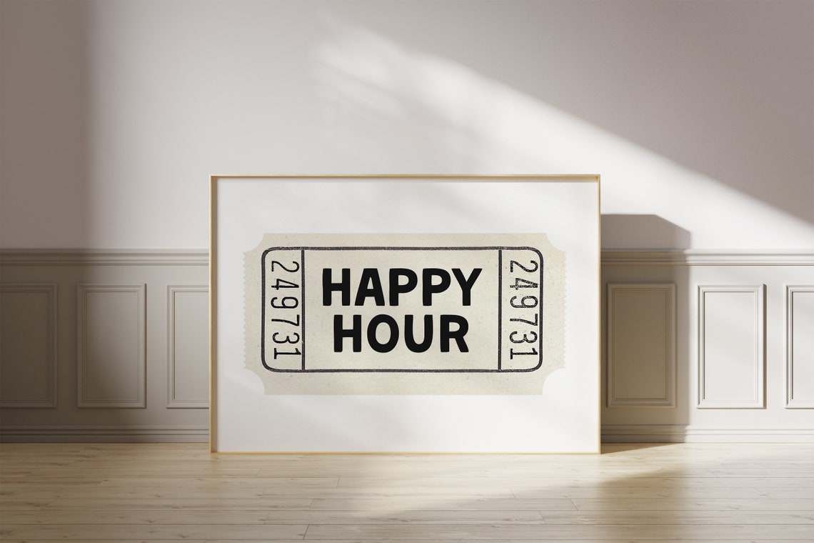 Happy Hour Cream Ticket Stub Bar Cart Retro Cocktail Wall Poster - Image 2