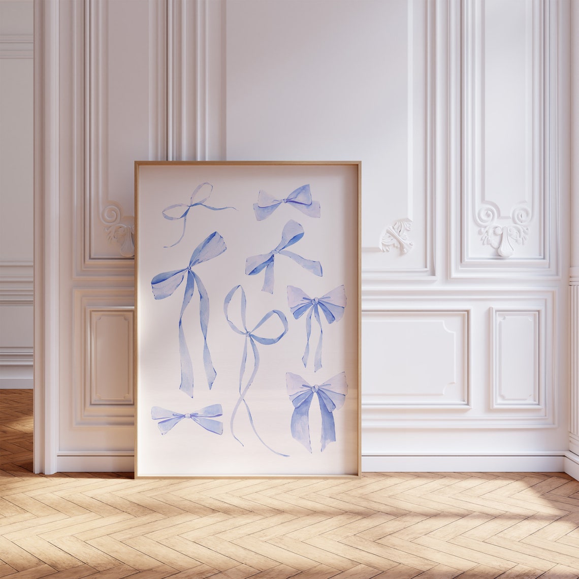 Blue Watercolor Ribbon Bows Trendy Coquette Aesthetic Wall Art - Image 3