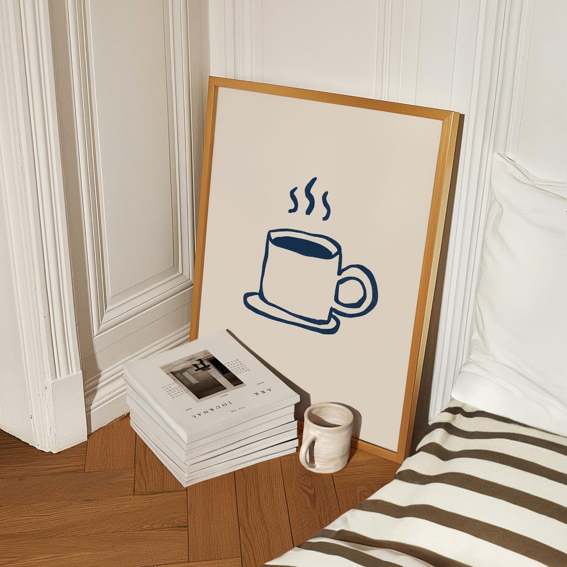 Navy Blue Hand Drawn Coffee Cup Line Art Kitchen Decor Poster - Image 2