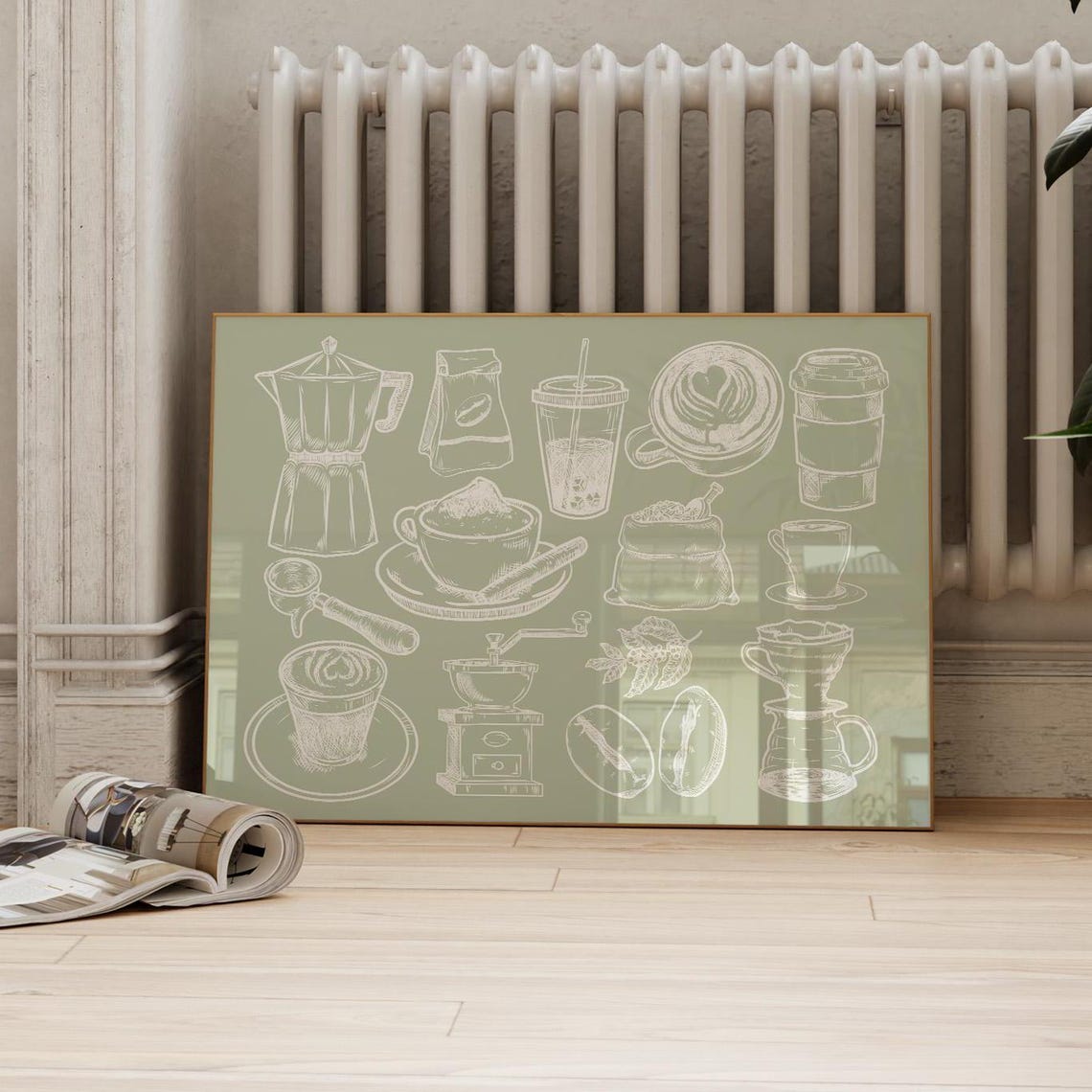 White Line Coffee Collage Sage Green Kitchen Bar Sketch Art Poster