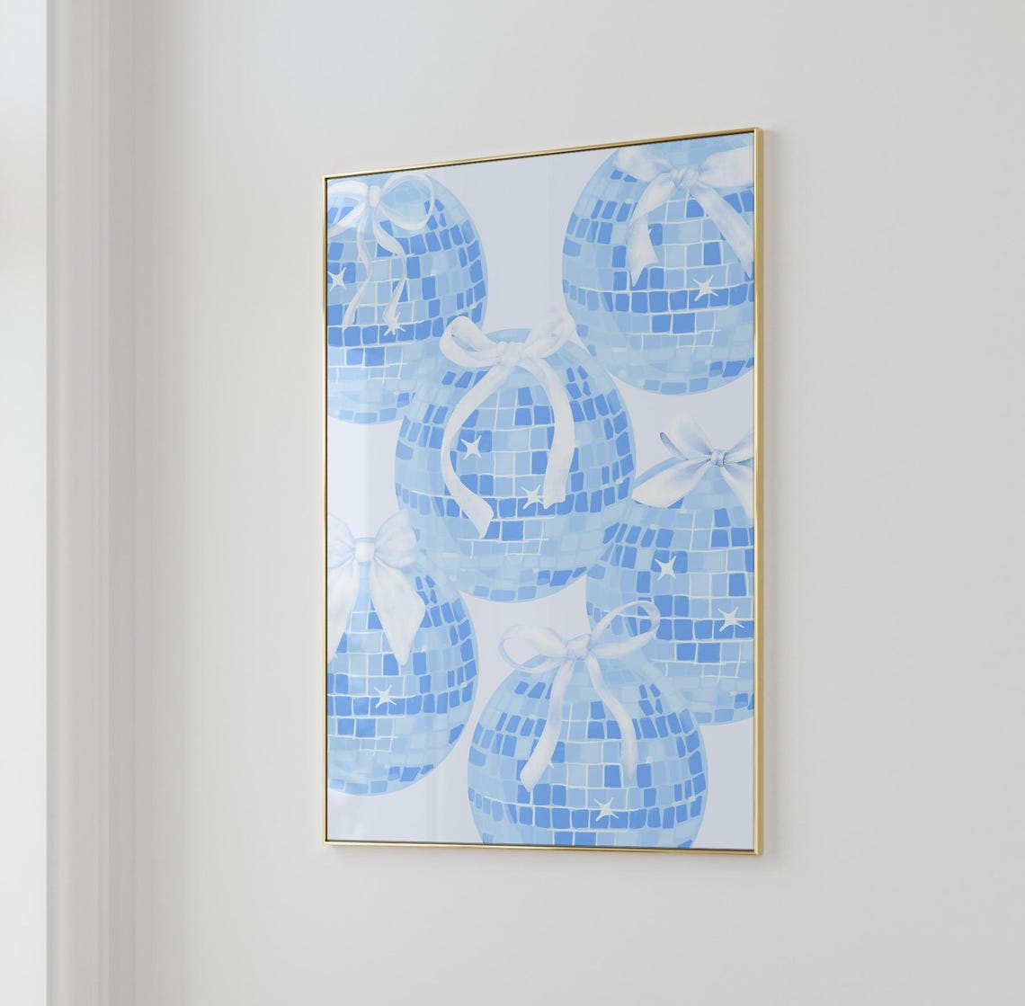Light Blue Disco Ball With White Bows Trendy Aesthetic Party Wall Art