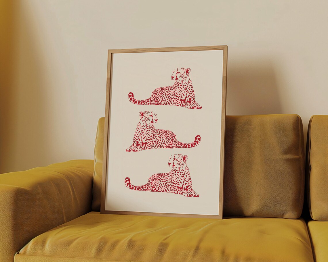 Red Cheetah Trio Reclining Safari Line Art Wall Decor Poster - Image 4