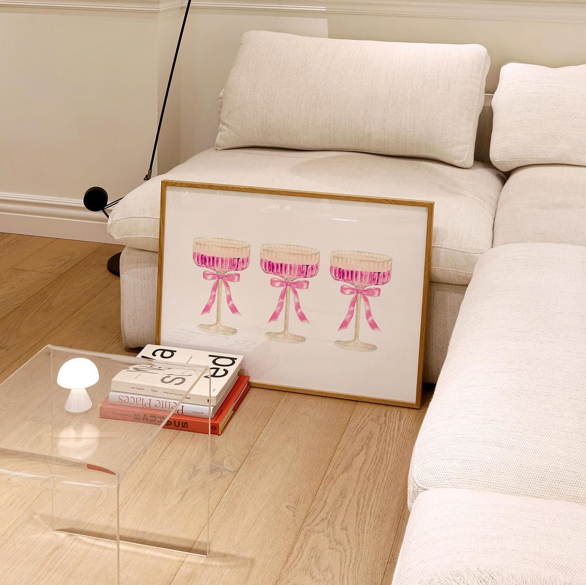 Pink Cocktail Glasses with Bows Vintage Bar Cart Girly Wall Art - Image 3