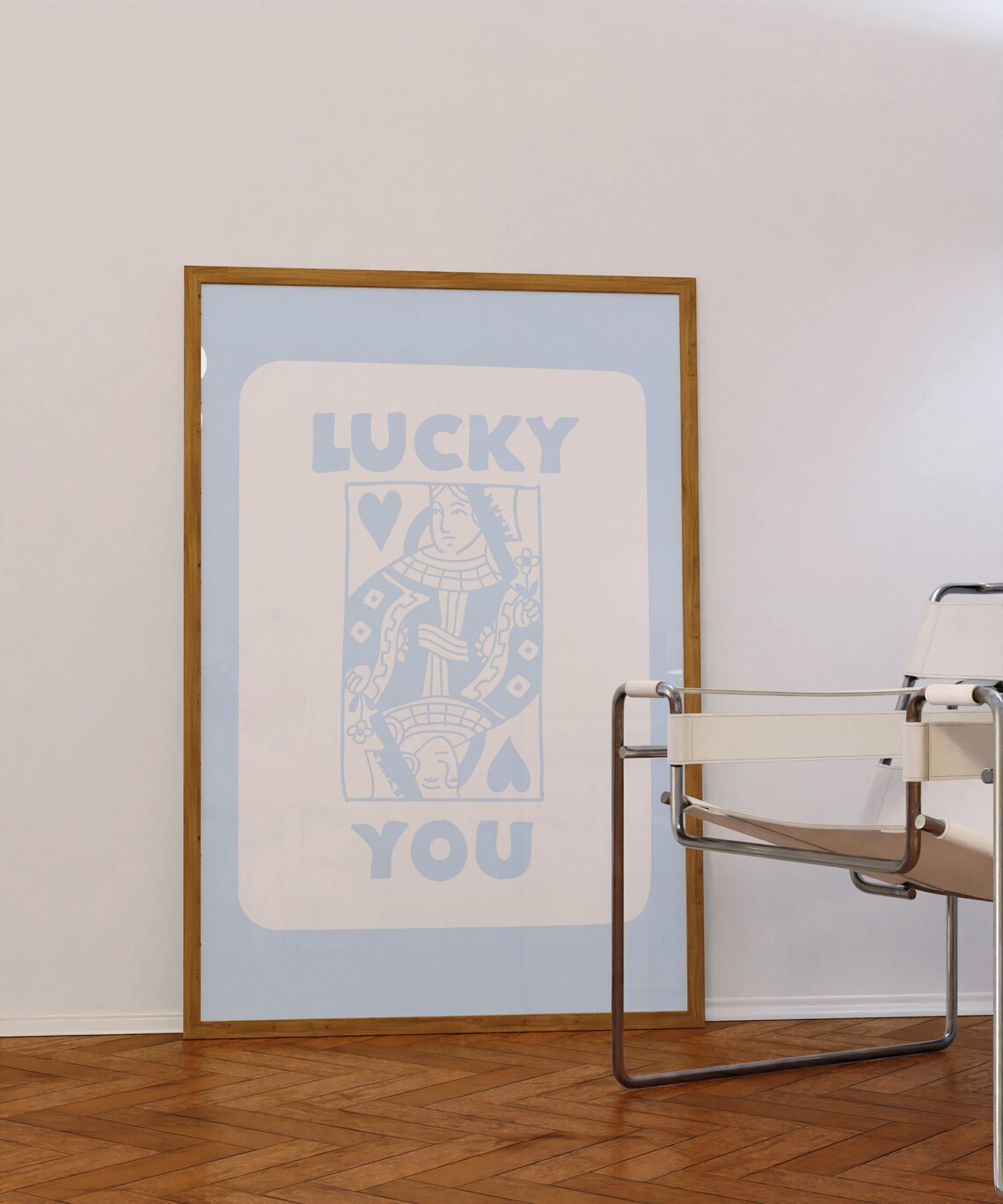 Lucky You Queen of Hearts Blue Playing Card Trendy Preppy Wall Poster
