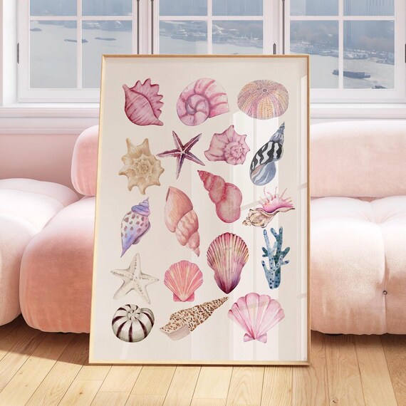Pink Watercolor Seashells Starfish And Coral Coastal Art Poster