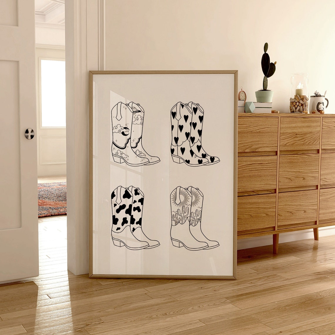 Cowboy Boots Line Art Quartet Black Ink Western Minimalist Poster