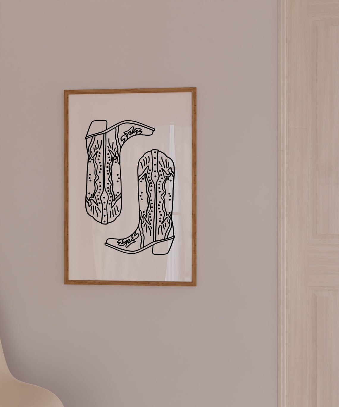 Minimalist Cowboy Boots Line Drawing Black White Western Poster