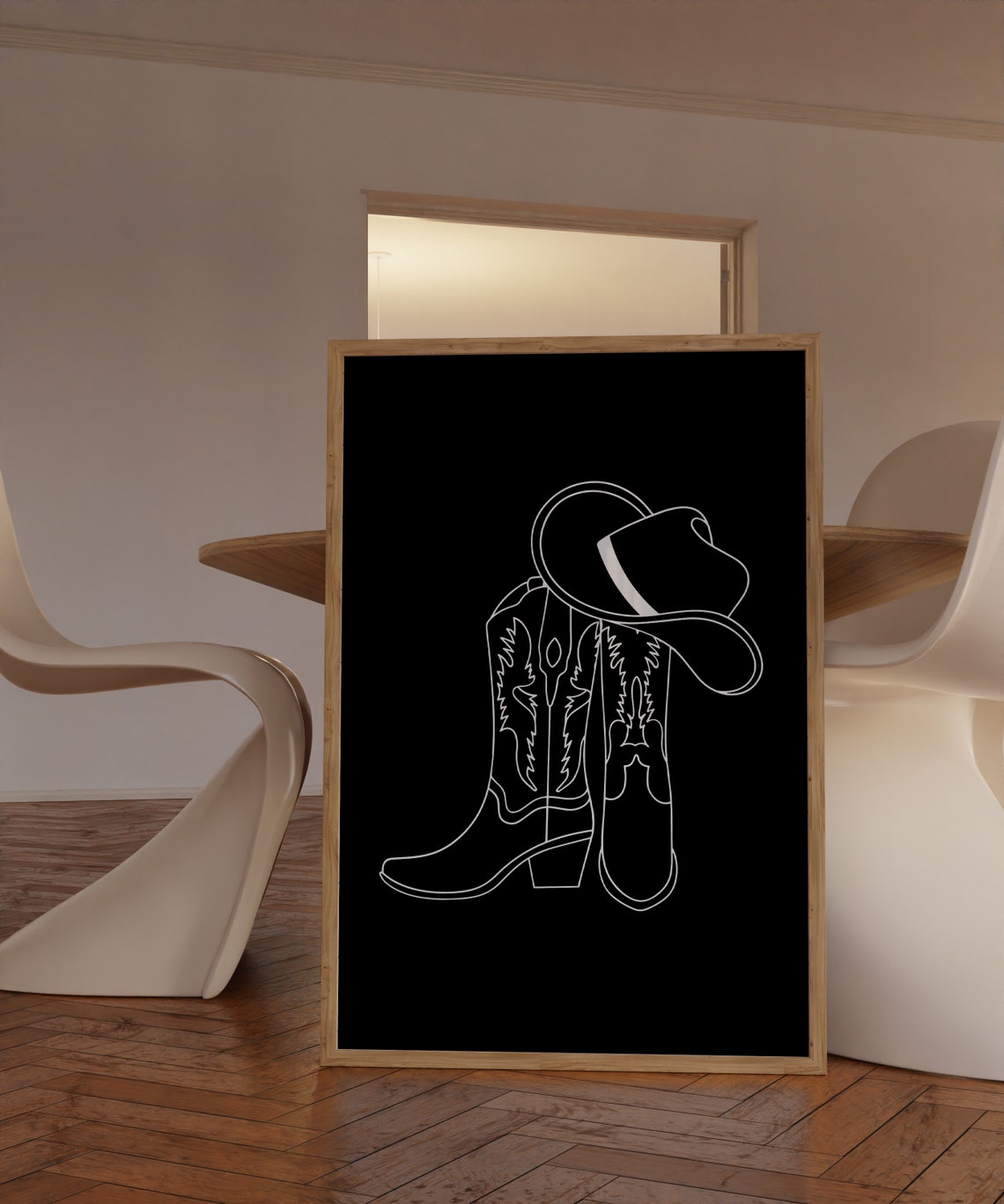 White Line Art Cowboy Boots and Hat on Black Minimalist Poster - Image 3
