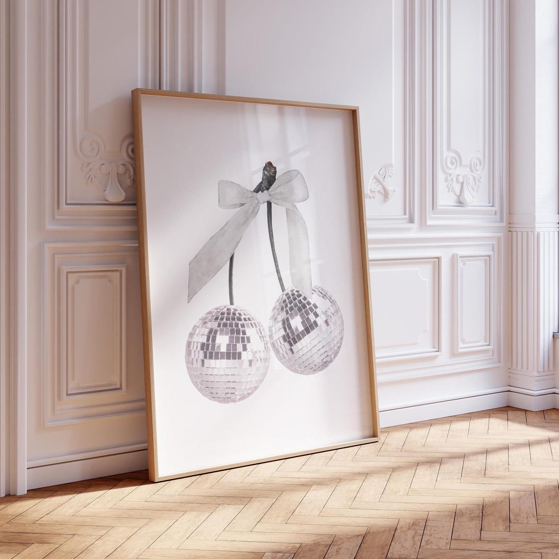 Disco Ball Cherries With White Bow Monochrome Party Art Poster - Image 3
