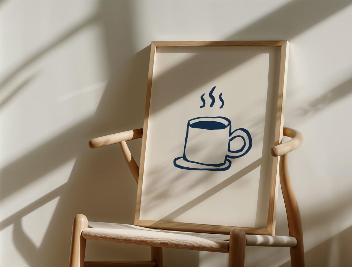 Navy Blue Hand Drawn Coffee Cup Line Art Kitchen Decor Poster - Image 4