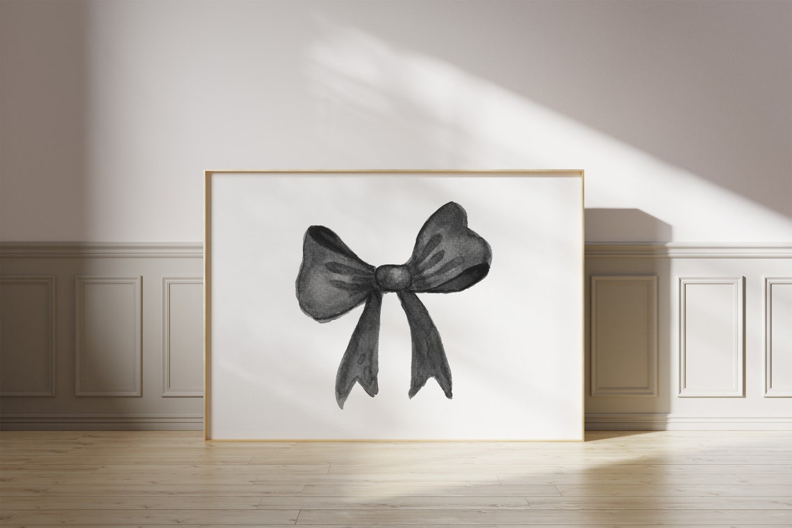 Black Watercolor Ribbon Bow Minimalist Single Bow Coquette Wall Art