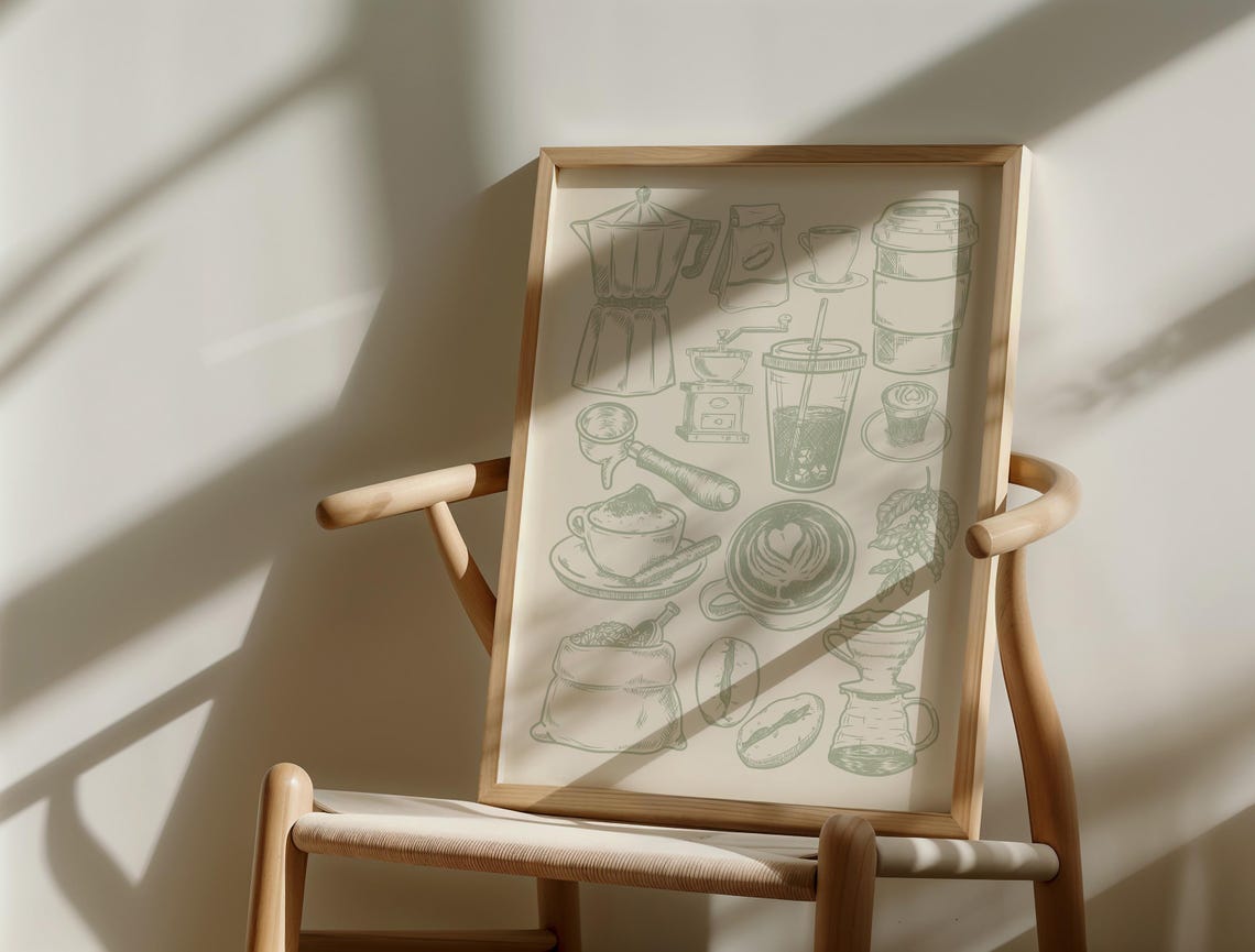 Sage Green Coffee Sketches Moka Pot Latte Barista Kitchen Poster - Image 3