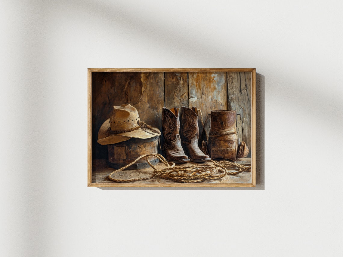 Western Rustic Still Life Arrangement Painting Brown Wall Print Decor Southwestern Earth Toned Oil Painting Print Cowboy Cowgirl Life Art - Image 3