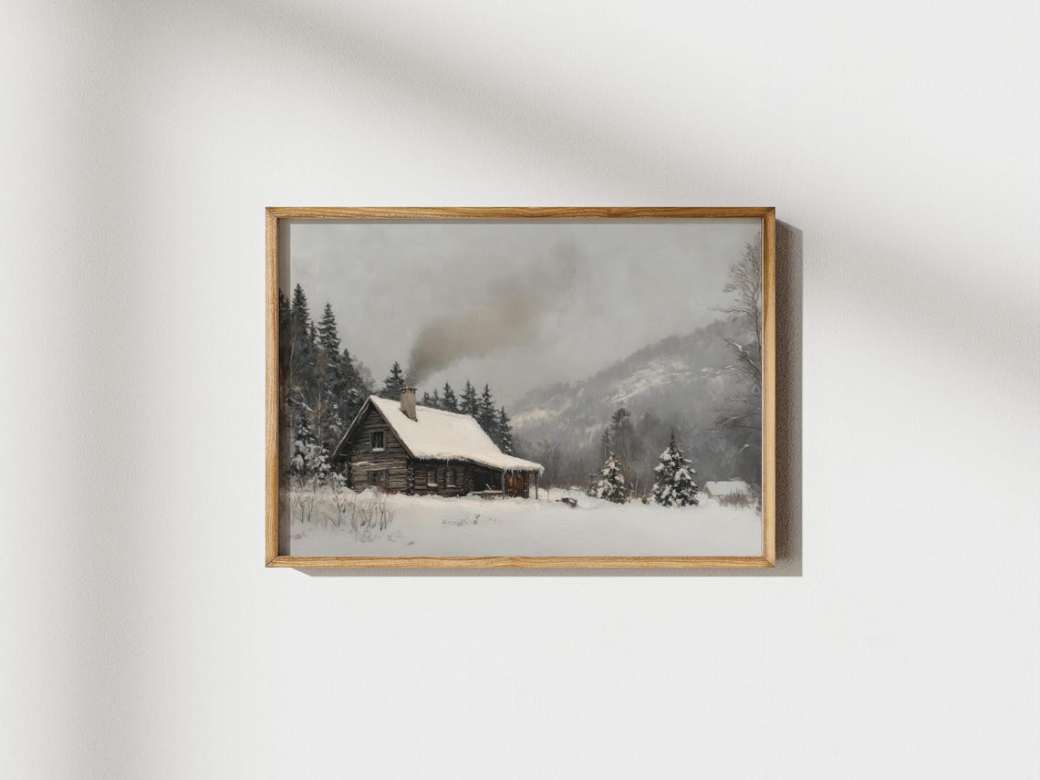 Snowy Log Cabin In Pine Forest Smoke From Chimney Winter Travel Poster - Image 2