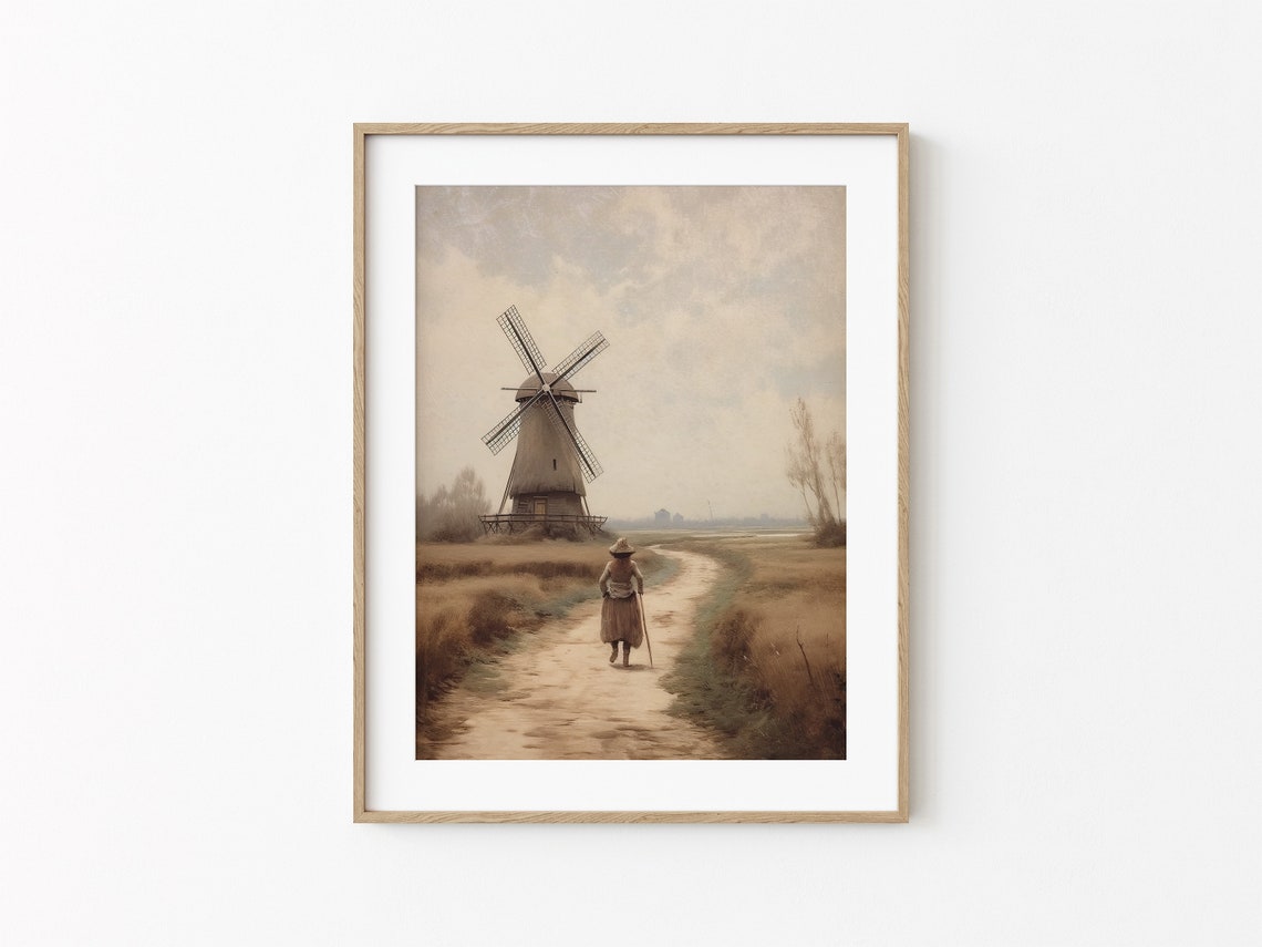 Dutch Windmill Country Path Figure Walking Moody Vintage Poster - Image 3