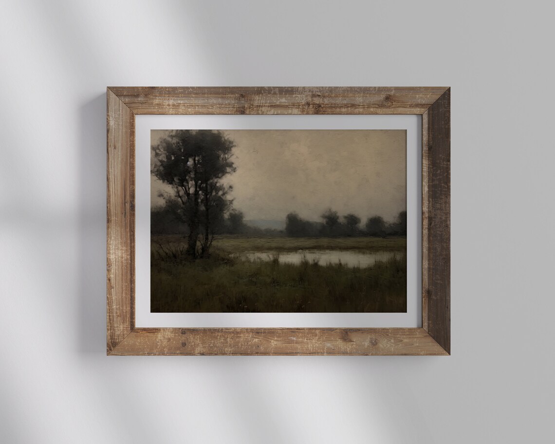 Moody Green Field Pond Reflective Vintage Tonal Countryside Poster - Image 2