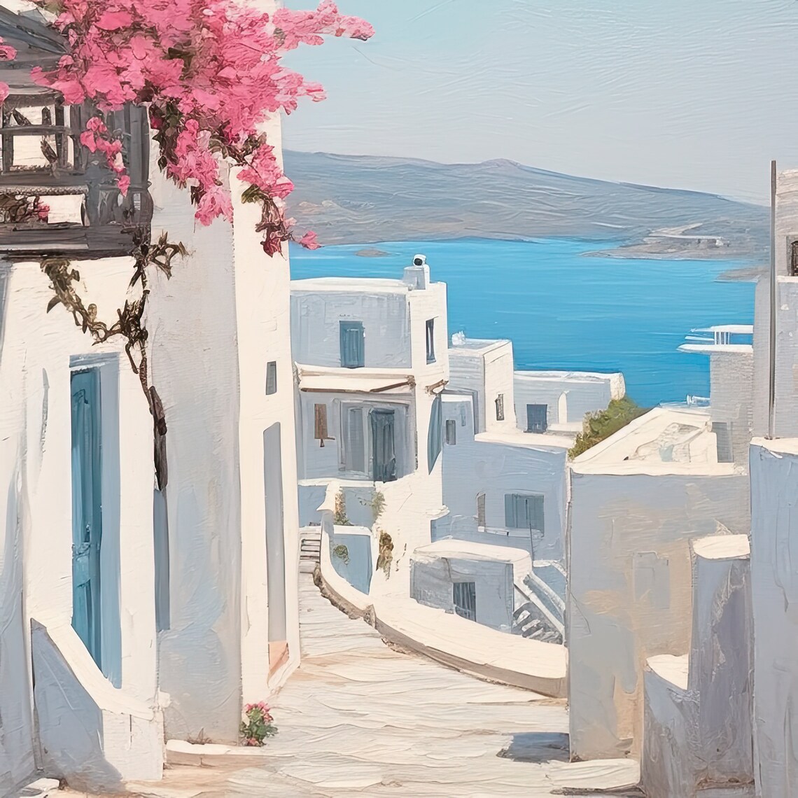 Santorini White Houses With Pink Bougainvillea And Blue Sea View Poster - Image 3
