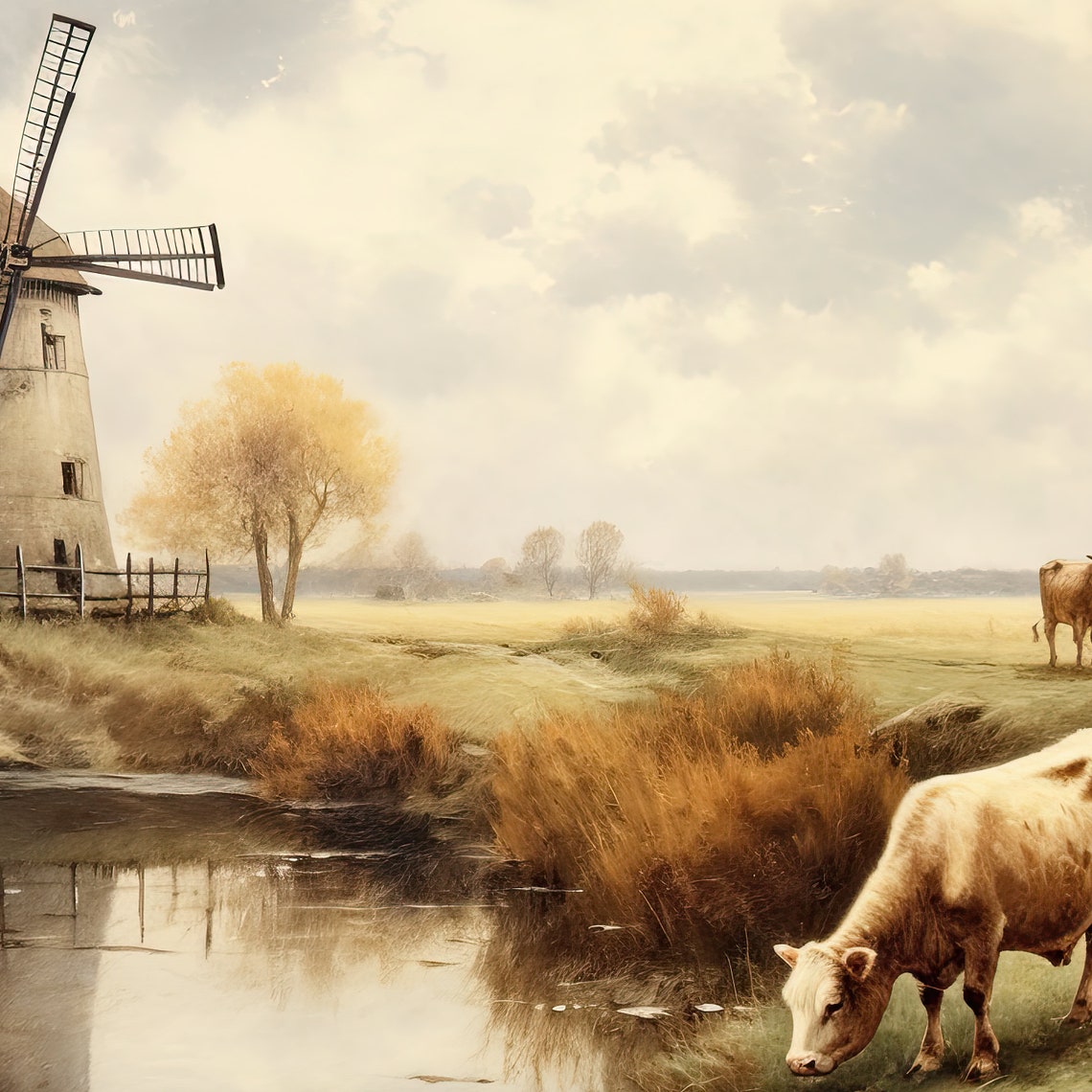 Dutch Windmill With Cows Grazing By Pond Autumn Countryside Poster - Image 3