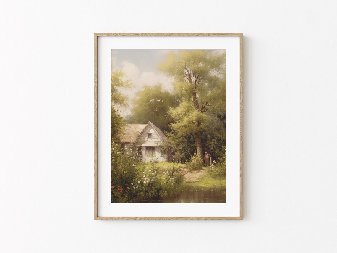 Cottage House by Pond Summer Garden Vintage Countryside Poster - Image 2