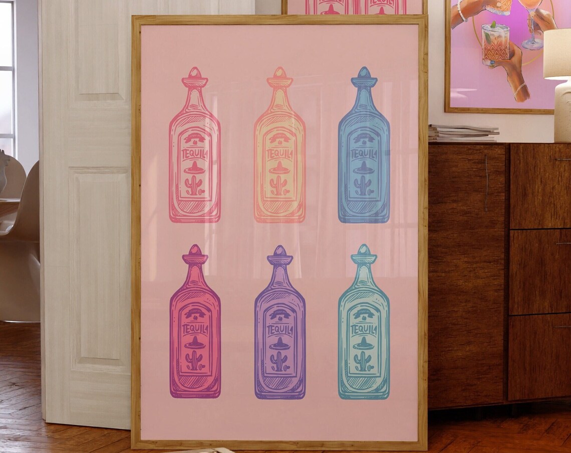 Pastel Tequila Bottle Collection Pink Bar Cart Cocktail Wall Poster