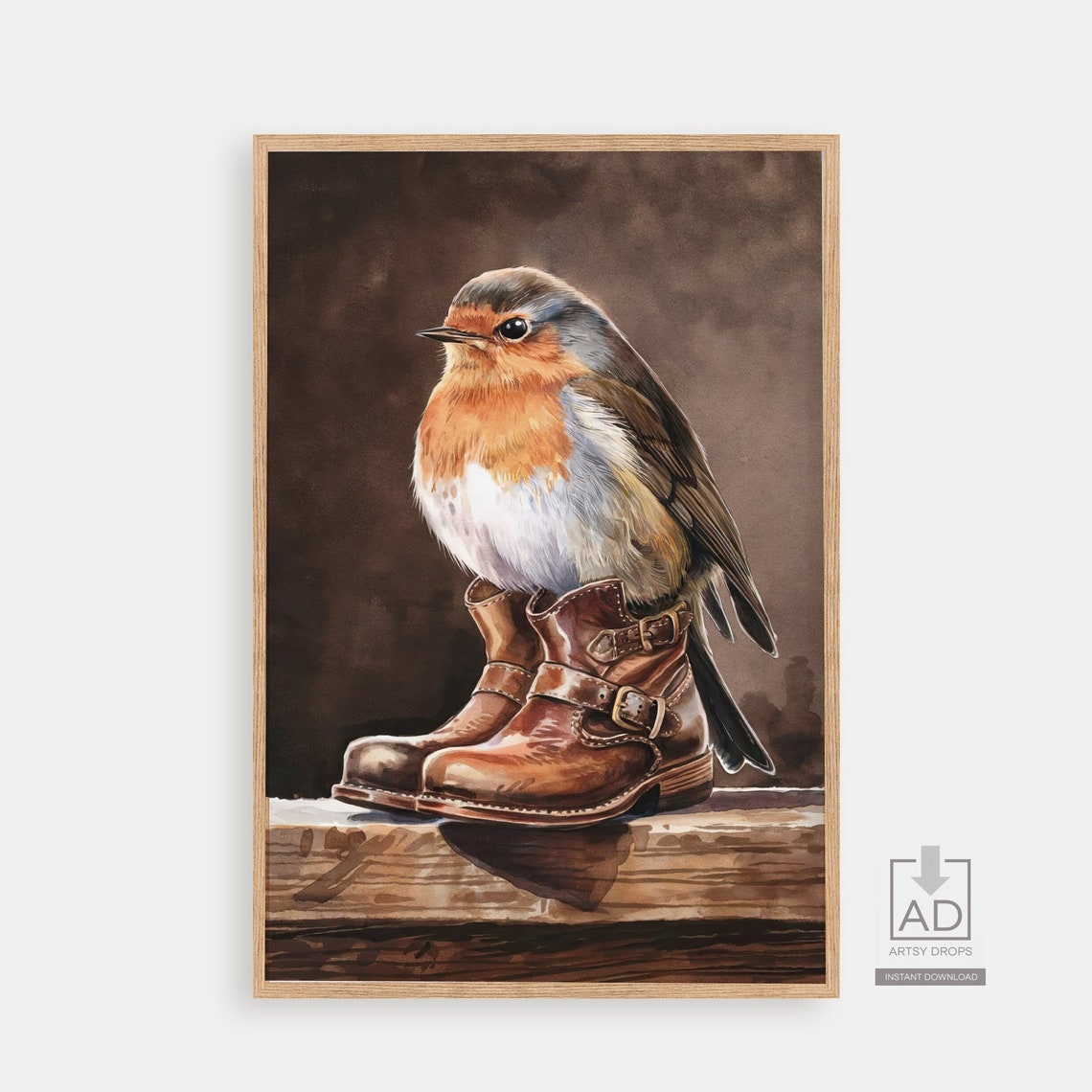 Cute Bird In Boots Art Print Whimsical Wall For Home Decor Quirky Animal Illustration Nature Inspired Artwork