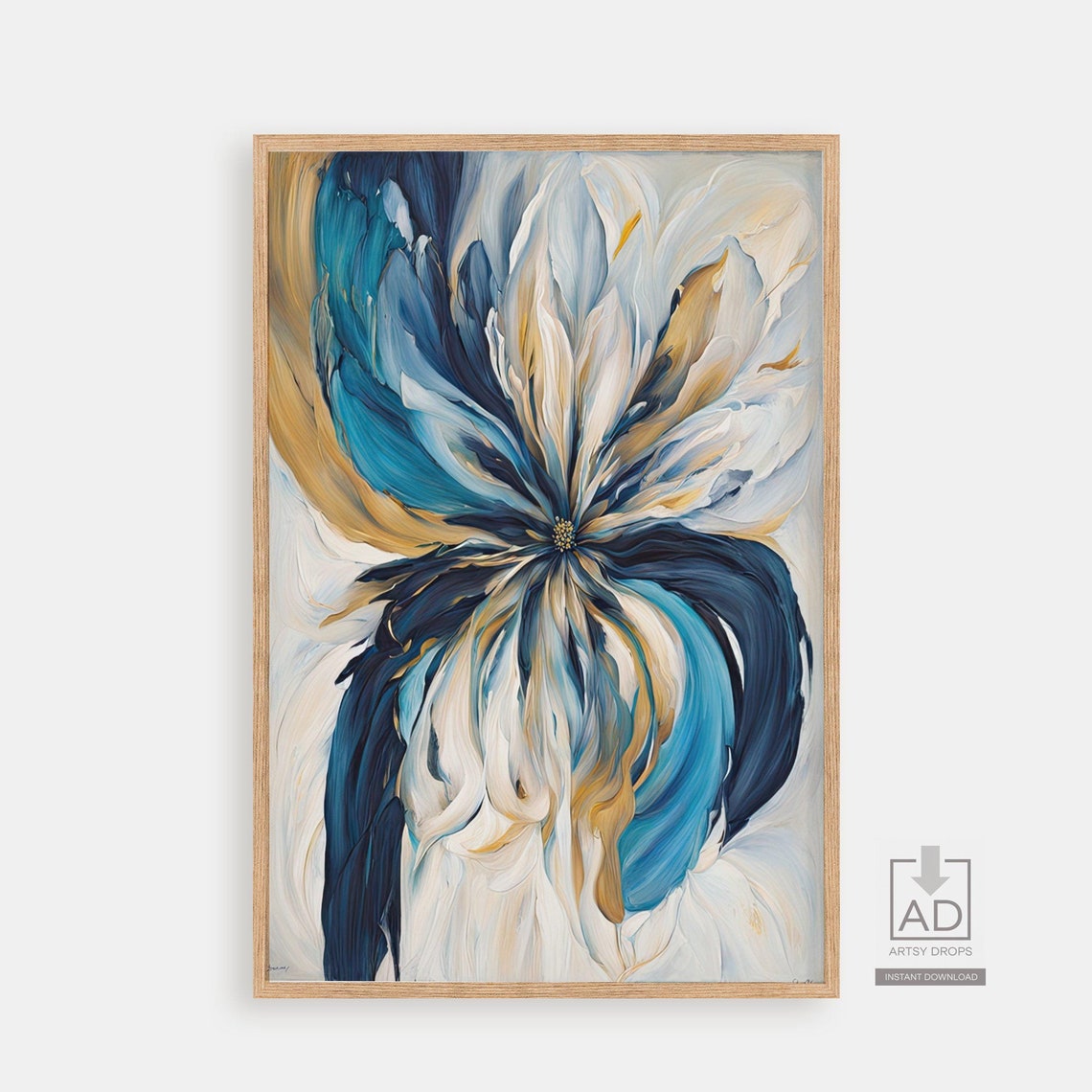 Abstract Navy Bloom Painting In Deep Blue White And Gold Poster