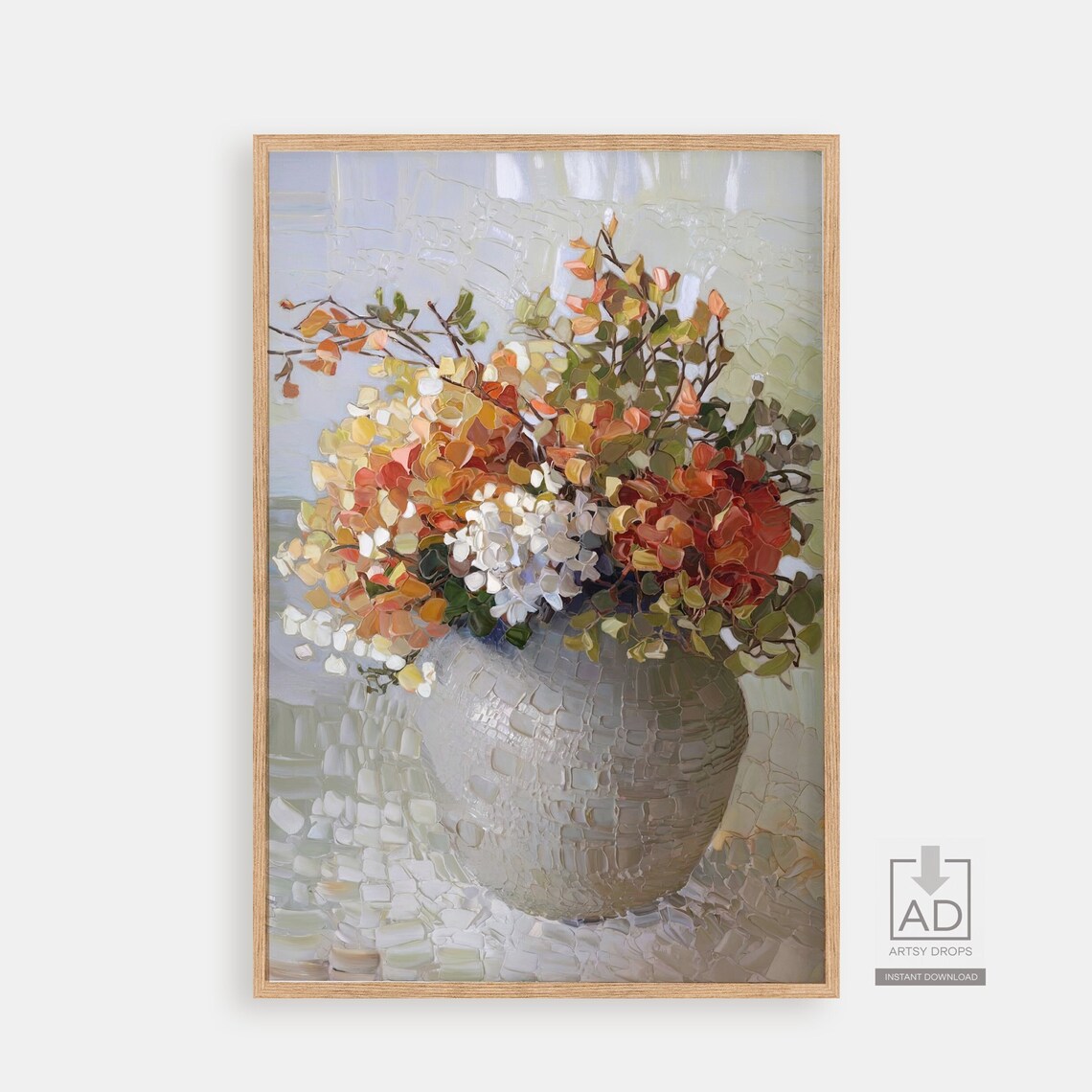 Autumn Hydrangea Impasto Oil Painting Rust Orange Vase Art Poster