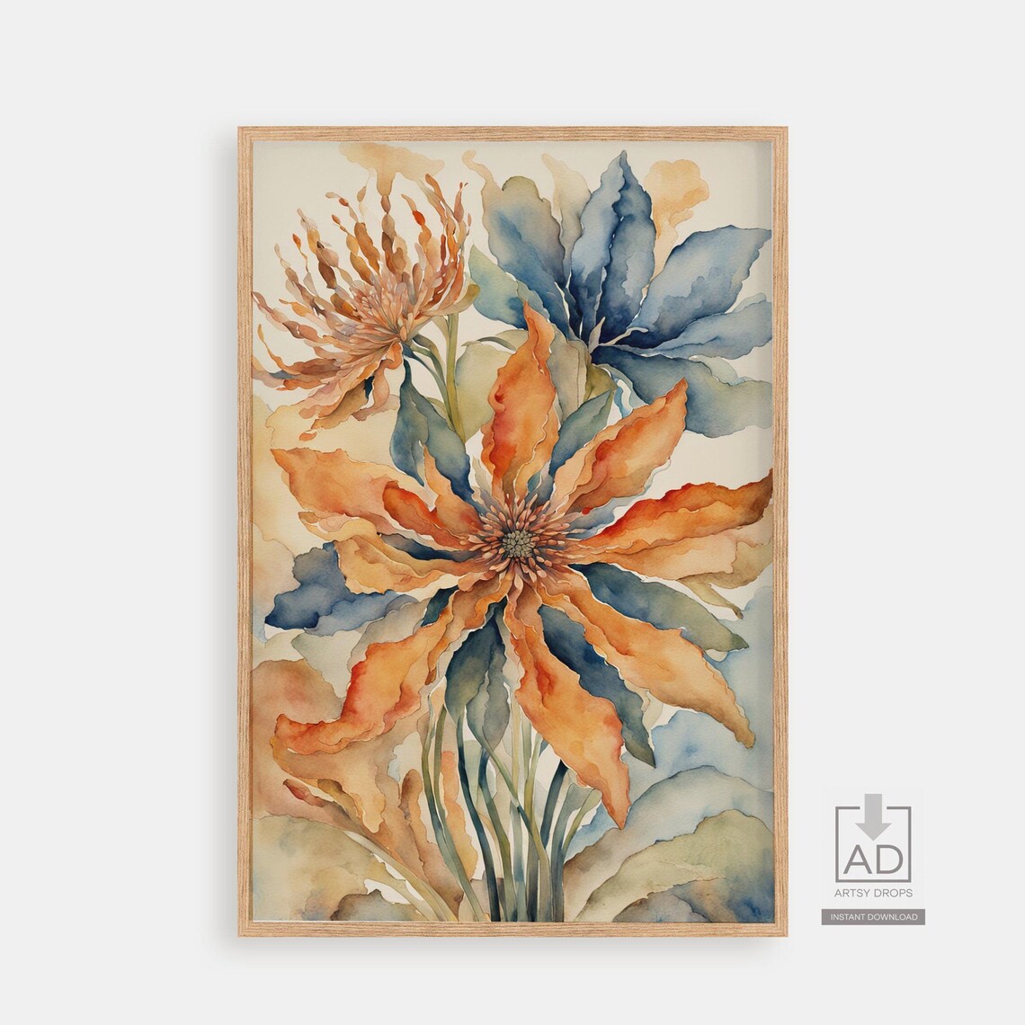 Burnt Orange Flower Watercolor Painting With Dusty Blue Leaves Poster
