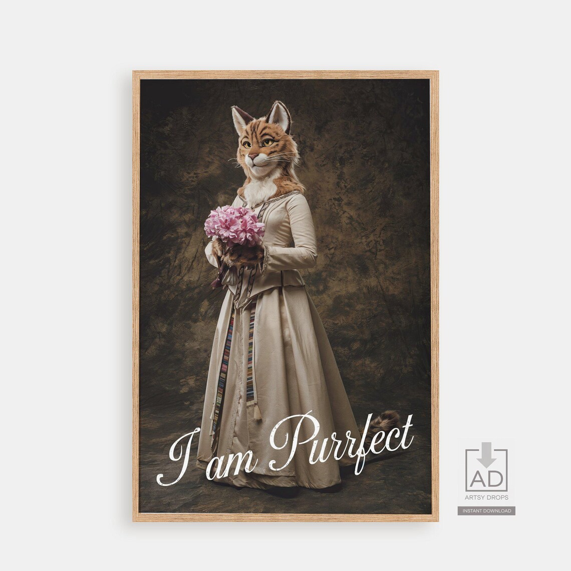 I Am Purrfect Victorian Cat Portrait Holding Pink Flowers Poster