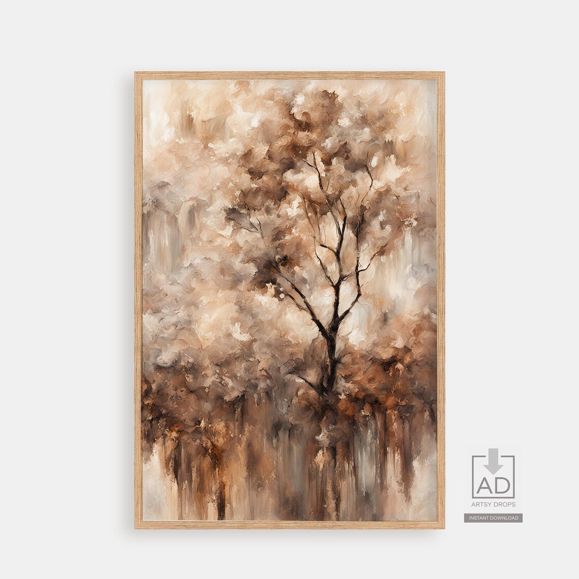 Abstract Beige Autumn Tree Watercolor Drip Neutral Painting Poster